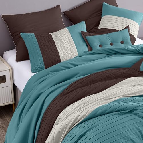 Chezmoi Collection Loft 8-Piece Luxury Striped Comforter Set (King, Blue/Beige/Chocolate Brown) Chezmoi Collection