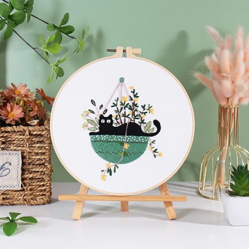 RidaaFri Embroidery Kit for Beginners, Set of 3 Stamped DIY Kits with Cat, Floral, Plant Patterns for Adults, Includes Hoop, Needles, Floss, Step-by-Step Video Tutorial, Complete Sewing Craft Supplies