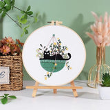 RidaaFri Embroidery Kit for Beginners, Set of 3 Stamped DIY Kits with Cat, Floral, Plant Patterns for Adults, Includes Hoop, Needles, Floss, Step-by-Step Video Tutorial, Complete Sewing Craft Supplies