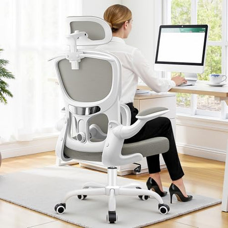 ALLGOD Ergonomic Office Chair, Mesh Desk Chair with Lumbar Support, High Back Home Office Chair with Adjustable Headrest and Flip-Up Arms, Comfortable Computer Chair, Thick Cushion, 300 LBS, LightGray ALLGOD
