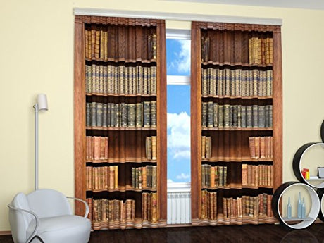 Factory4me Brown Curtains Bookshelf Library Themed Bookcase, Light Brown and Blue Curtains with Books Shelf Printed Literature Design Window Set of 2 84 Inch Panels for Living Room Bedroom Kitchen Factory4me