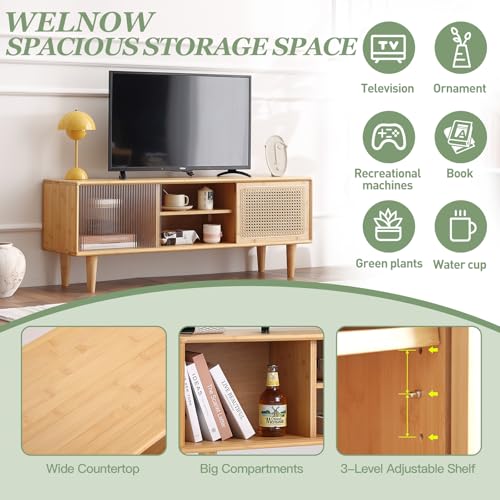 Welnow Rattan TV Stand for Up to 55 Inch, Mid Century Modern Bamboo Entertainment Center with 2 Cabinets & Adjustable Shelf, Storage Media Console Table for Living Room, Bedroom, Natural Welnow
