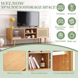 Welnow Rattan TV Stand for Up to 55 Inch, Mid Century Modern Bamboo Entertainment Center with 2 Cabinets & Adjustable Shelf, Storage Media Console Table for Living Room, Bedroom, Natural Welnow