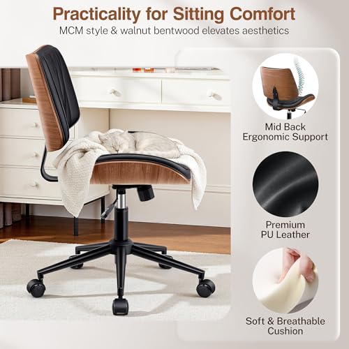 Ergonomic Armless Office Desk Chair - Mid-Century Modern Black Faux Leather with Diamond Stitch, Adjustable Height Swivel Rolling Task Computer Chair with Walnut Accent for Home Office, Study & Work fidom