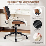 Ergonomic Armless Office Desk Chair - Mid-Century Modern Black Faux Leather with Diamond Stitch, Adjustable Height Swivel Rolling Task Computer Chair with Walnut Accent for Home Office, Study & Work fidom