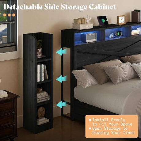 AMERLIFE 45'' Farmhouse King Bed Frame with 4 Drawers, LED Bed Frame with Bookcase Headboard & Side Shelves, Wood Platform Bed with Charging Station, Black AMERLIFE