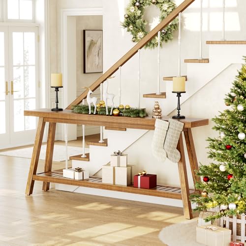 LITTLE TREE 70.9-Inch Extra Long Console Table for Entryway, 2-Tier Narrow Wooden Sofa Table Behind Couch, Large Sofa Tables for Living Room, Farmhouse Foyer Hallway Entry Table, Rustic Brown LITTLE TREE