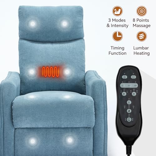 Kolavess Swivel Rocker Recliner Chair for Adults, Nursery Rocking Chair with Heat and Massage, Glider Reclining Chair for Small Space Living Room Bedroom, Blue