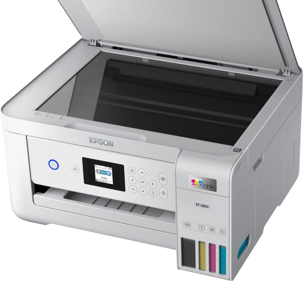 Epson EcoTank ET-2850 Wireless Color All-in-One Supertank Inkjet Printer, White - Print Scan Copy - 10 ppm, 4800 x 1200 dpi, Auto 2-Sided Printing, Voice-Activated