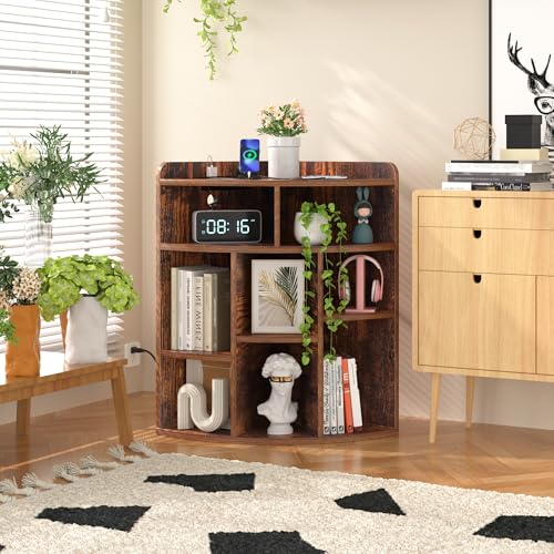 VECELO Corner Cube Shelf with USB Ports & Outlets, Modern Corner Toy Storage Rack with Adjustable Shlef, Wooden Display Bookshelf Bookcase for Living Room, Bedroom, Dining Room, Kitchen, Brown VECELO