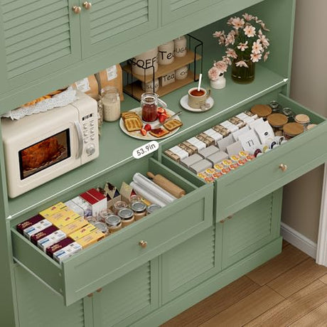 HIFIT 71" Hx55''W Large Kitchen Hutch Storage Cabinet, Farmhouse Coffee Bar Hutch with Microwave Stand, Tall Kitchen Pantry Cabinet with Louvered Doors, 2 Cable Holes, 2 Drawers, Green HIFIT