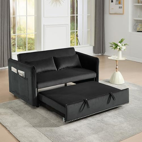 HKYYUANQI Velvet Small Loveseat Lounge Couches, 3 in 1 Convertible Sleeper Futon Sofa Bed with Reclining Backrest and Side Pockets for Living Room, Pull-Out Couch HKYYUANQI