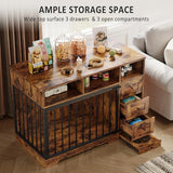48'' Dog Crate Furniture, Farmhouse Heavy Duty Dog Kennel with Bowl & Storage Drawers, Medium Dog Cage End Table for Small Medium Dogs, Retro Brown GarveeLife
