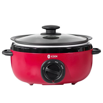 ICOOK USC-35-OP001RD 3.5 Quart Slow Cooker,Aluminium Sear/Sauté Stew Pot Stovetop safe,Dishwasher Safe,Glass Lid,Adjustable Temp,Food Warmer,Red