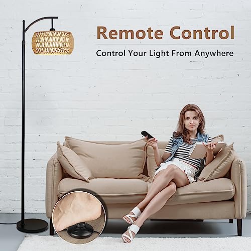 Arc Floor Lamp with Remote Control, Dimmable LED Floor Lamp with 3 Color Temperature, Black Standing Lamp with Rattan & Fabric Double Drum Shade, Boho Farmhouse Tall Pole Lamp for Living Room - WoodArtSupply