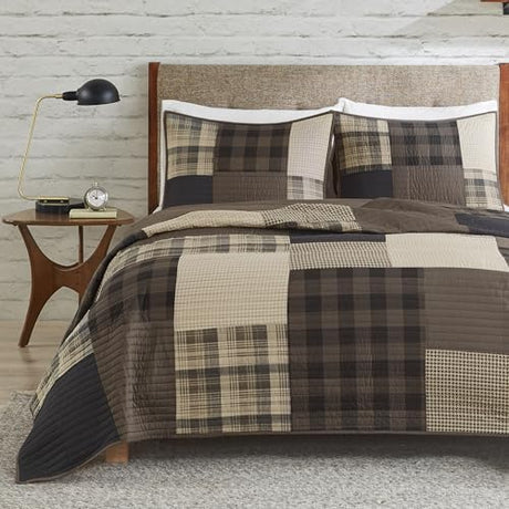 Woolrich Winter Hills Reversible Quilt Set - Cottage Styling Reversed to Solid Color, All Season Lightweight Coverlet, Cozy Bedding Layer, Matching Shams, Oversized King/Cal King, Plaid Tan 3 Piece Woolrich John Rich & Bros.