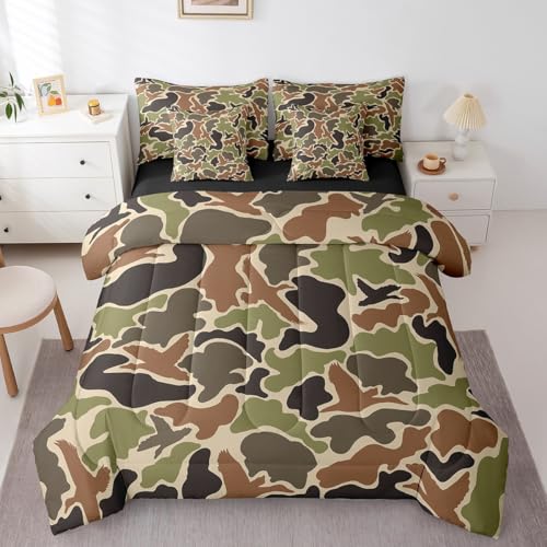 Feelyou Duck Hunter Green Camouflage Hunting 7 Pieces Bedding Set, Twin Size Black Brown All Season,Bed in a Bag with Comforter, Sheets, Pillowcases Camo Army Bed Set Breathable Wild Room Decor Feelyou