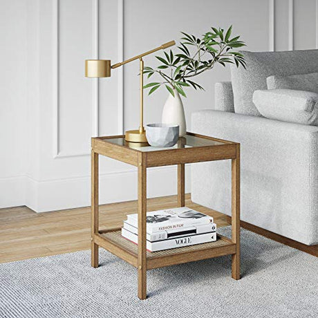 Nathan James 33301 Hayes Solid Wood Nightstand, Bedside, End or Side Table in Light Brown Wood Finish & Glass Top with Open Storage Shelf, 18 in x 18 Nathan James