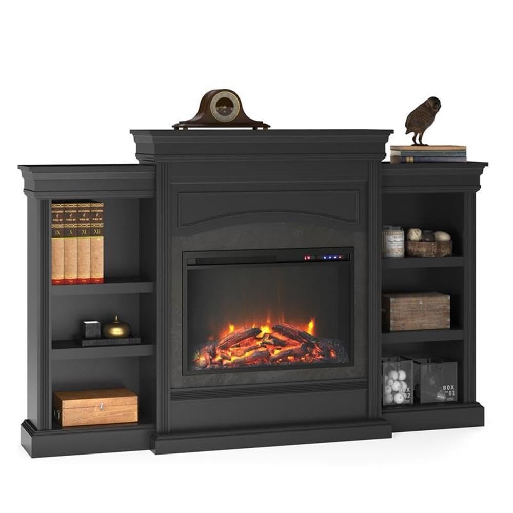 Ameriwood Home Lamont 69 Inch Electric Fireplace with Mantel, Shelves, Replaceable Fireplace Insert Heater, Remote Control, Timer, Realistic Log and Flame Effect, For Living Room or Bedroom, Black