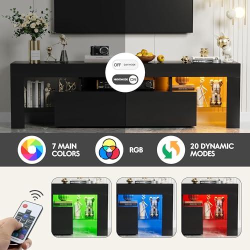 YESHOMY Modern LED TV Stand for Televisions up to 70 Inch with Glass Shelves and Drawer, Gaming Entertainment Center with Multiple Dynamic RGB Modes, for Livingroom, Bedroom, 60 Inch, Black YESHOMY