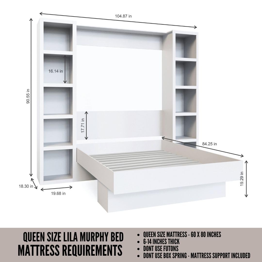 Oakland Living Easy-Lift Queen Murphy Wall Bed in White with Two Bookshelves Oakland Living