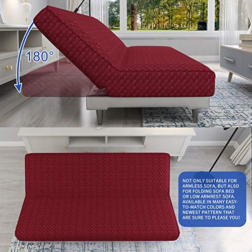MAXIJIN Jacquard Futon Cover Stretch Armless Futon Sofa Cover Soft Futon Slipcover with Elastic Bottom Thick Sofa Bed Furniture Protector Covers, Machine Washable (Wine Red) MAXIJIN