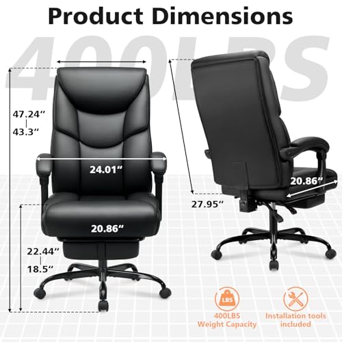 WAILOR 400lbs Office Chair with Foot Rest, Reclining Big and Tall Office Chair with Lumbar Support Spring Cushion, High Back PU Leather Computer Chair,Comfy Desk Chair for Home Office WAILOR