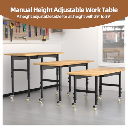 60'' Adjustable Workbench, Solid Wood Work Bench Table with Wheels and Power Outlet, Rolling Workbench Large Load Capacity Garage Workbench for Workshop,Office,Home climblocka