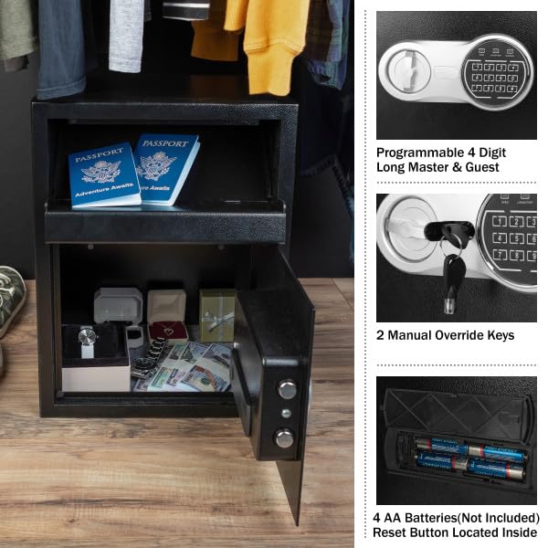 Electronic Safe Deposit Box - Drop Safe with Digital Keypad and 2 Manual Override Keys for Business Cash Drops or Home Safety by Paragon Safes (Black) Paragon Lock & Safe