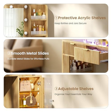 47'' Fluted Makeup Vanity Desk with Large 36" Mirror & Hollywood Bulbs, Smart RGB Lights, Glass Top Vanity with 5 Shelves, 2 RGB Drawers, Acrylic Cabinets, Wood Vanity with Charging Station,Oak DIYSET