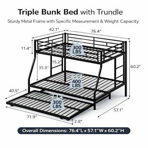 Nuturelly Metal Bunk Bed Twin Over Full with Trundle, Heavy Duty Steel Frame Bunk Bed Frame with Safety Guardrails & Ladder, Space Saving 3 Beds for Kids, Teens, Dorm, Black Nuturelly
