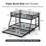 Nuturelly Metal Bunk Bed Twin Over Full with Trundle, Heavy Duty Steel Frame Bunk Bed Frame with Safety Guardrails & Ladder, Space Saving 3 Beds for Kids, Teens, Dorm, Black Nuturelly