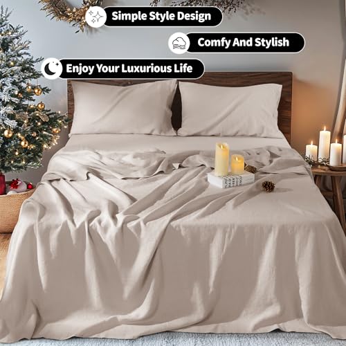 100% Pure Linen Sheet Set Luxury Natural Linen Sheets 4pcs King Size, Breathable Bedding Set Deep Pocket Up to 16" Softens with Every Wash, Relaxed Texture (Linen King) REDASW