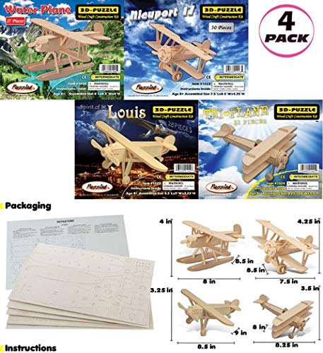 Puzzled Wooden Airplane Model Kits - Water Plane, Spirit of St. Louis, Nieuport 17 & Tri-Plane 3D Wooden Puzzles Set, Educational Adults & Kids Toys DIY Airplane Kit Assembly Planes to Build - 4 Pack Puzzled