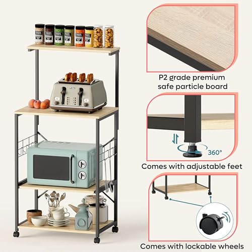 Bestier 4 Tier Shelves Portable Utility Kitchen Storage Baker's Rack Organizer Cart Stand with Adjustable Wheels and Side Hooks, 49 Inch, Oak