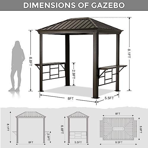 ABCCANOPY Grill Hardtop Gazebo 6x8 - Outdoor Metal Hard Top Gazebo, Permanent Galvanized Steel BBQ Gazebo Aluminum Framed Pavilion with Shelves for Patio Backyard Lawn Garden (Single Roof, Dark Brown) ABCCANOPY