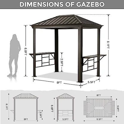 ABCCANOPY Grill Hardtop Gazebo 6x8 - Outdoor Metal Hard Top Gazebo, Permanent Galvanized Steel BBQ Gazebo Aluminum Framed Pavilion with Shelves for Patio Backyard Lawn Garden (Single Roof, Dark Brown)