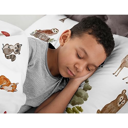 Sweet Jojo Designs Woodland Forest Animals Boy Girl Gender Neutral Unisex Queen Comforter Set Full Size Bedding Kids Teen Adult Bed Room 3pc Brown Bear Owl Animal Print Tree Deer Bunny Taupe Friends Sweet Jojo Designs