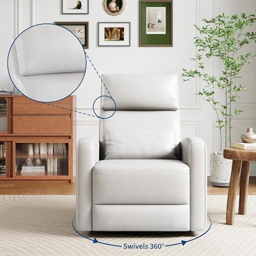 GarveeTech Adult Manual Recliner Chair with 360° Swivel, Faux Leather Reclining Sofa Rock, Adjustable Backrest and Footstool, Concealed Pull Lever, Modern Living Room Armchair, White