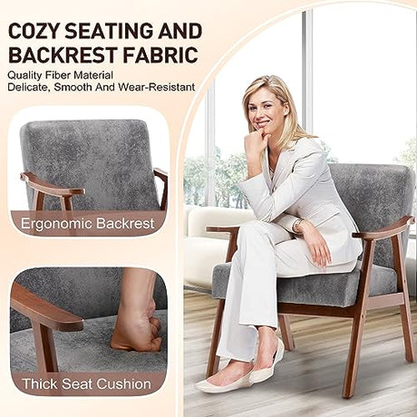 Furnimart Grey Accent Chair, Mid Century Modern Living Room Chair with Wood Frame, Comfy Armchair Wingback Chair for Office Study Vanity Bedroom Waiting Room Furnimart