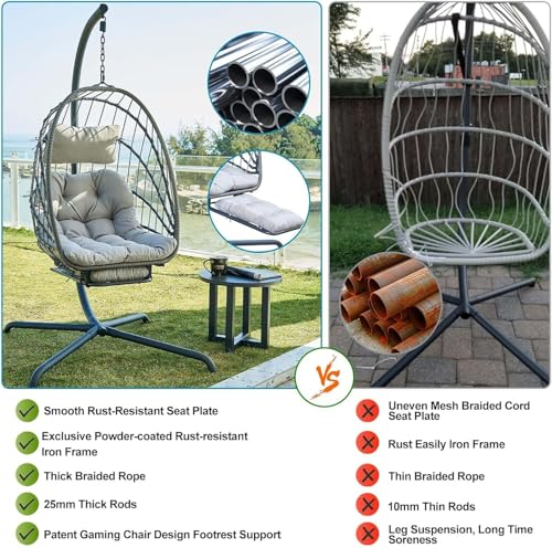 Hanging Egg Chair with Leg Rest and Stand – Rattan Wicker Swing Hammock Chair, UV-Resistant Cushion, Heavy-Duty Frame for Indoor & Outdoor Patio, Bedroom, Balcony, Garden – 330 lbs Capacity(Grey) Outlux