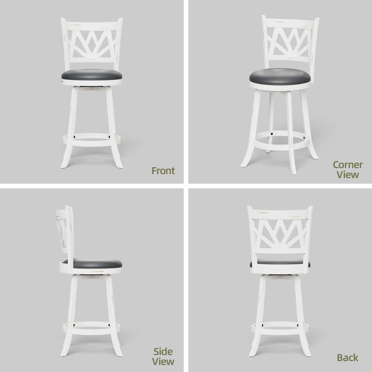 Buytime Swivel Bar Stools Set of 2, Farmhouse 24" Counter Height Barstools with Backs, Lotus Pattern Carved Bar Chair with Solid Wood Legs & Footrest for Kitchen Island, Home Bar, Pub (White, 24") Buytime