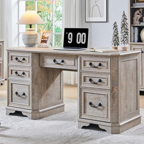 T4TREAM 59" Farmhouse Executive Desk with Drawers,Wood Home Office Computer Desk, Featuring Keyboard Tray,Charging Station,File Drawer, Storage Cabinet,for Work and Study (Light Rustic Oak) T4TREAM