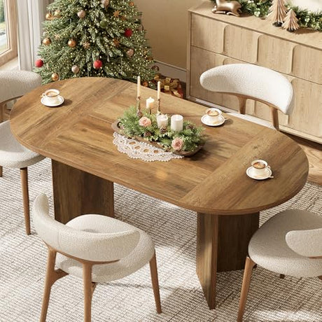 LITTLE TREE 63" Rustic Oval Dining Table for 4-6, Sturdy MDF Farmhouse Kitchen Table with Metal Strip Base, for Living Room, Office, Restaurant, Multi-Use, Umber LITTLE TREE