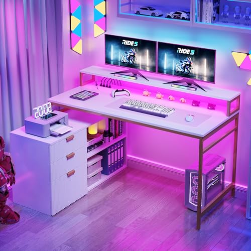 DWVO L Shaped Desk with File Cabinet & Power Outlets, 55" Computer Desk with Drawers, Corner Desk Office Desk with LED Light, White & Gold