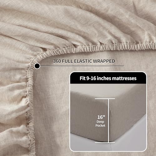 LBRO2M 100% Linen Sheet Set King Size,Bed Sheets 4 Piece Sets, Solid Color Natural Flax Bed Sheets Soft Breathable Bedding,16" Deep Pocket,All Season (King, Linen) LBRO2M
