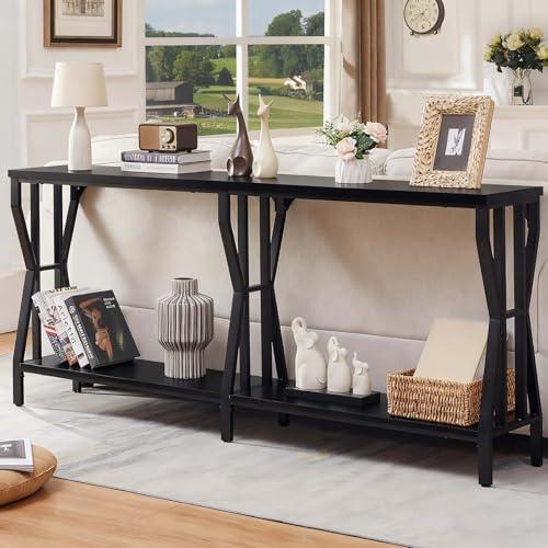 HOMISSUE Sofa Console Table, 70.9" Extra Long Sofa Table with 2-Tier Storage, Industrial Narrow Console Tables Behind Couch, Hallway Table for Entryway, Living Room, Black HOMISSUE