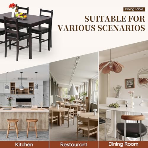 FDW | 5-Piece Solid Wood Dining Table Set for 4 | Brown | Space-Saving Design | Smooth Easy-to-Clean Surface | Pine Kitchen Table with Upholstered Chairs | for Dining Room, Apartment, Restaurant FDW