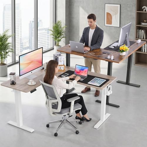 farexon 63x55 Inch L Shaped Standing Desk with Outlets, Electric Adjustable Height Stand Up Desk, Corner sit Stand Desk with Mouse Pad, Hook, Home Office Writing Gaming Computer Workstation, Oak Grey farexon