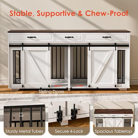 Zamildon's 71 in Dog Crate Furniture for 1 or 2 Dogs, Large Double Dog Cage with 3 Storage Drawers and Removable Divider, Dog Kennel Indoor As TV Stand with Sliding Barn Door Zamildon's